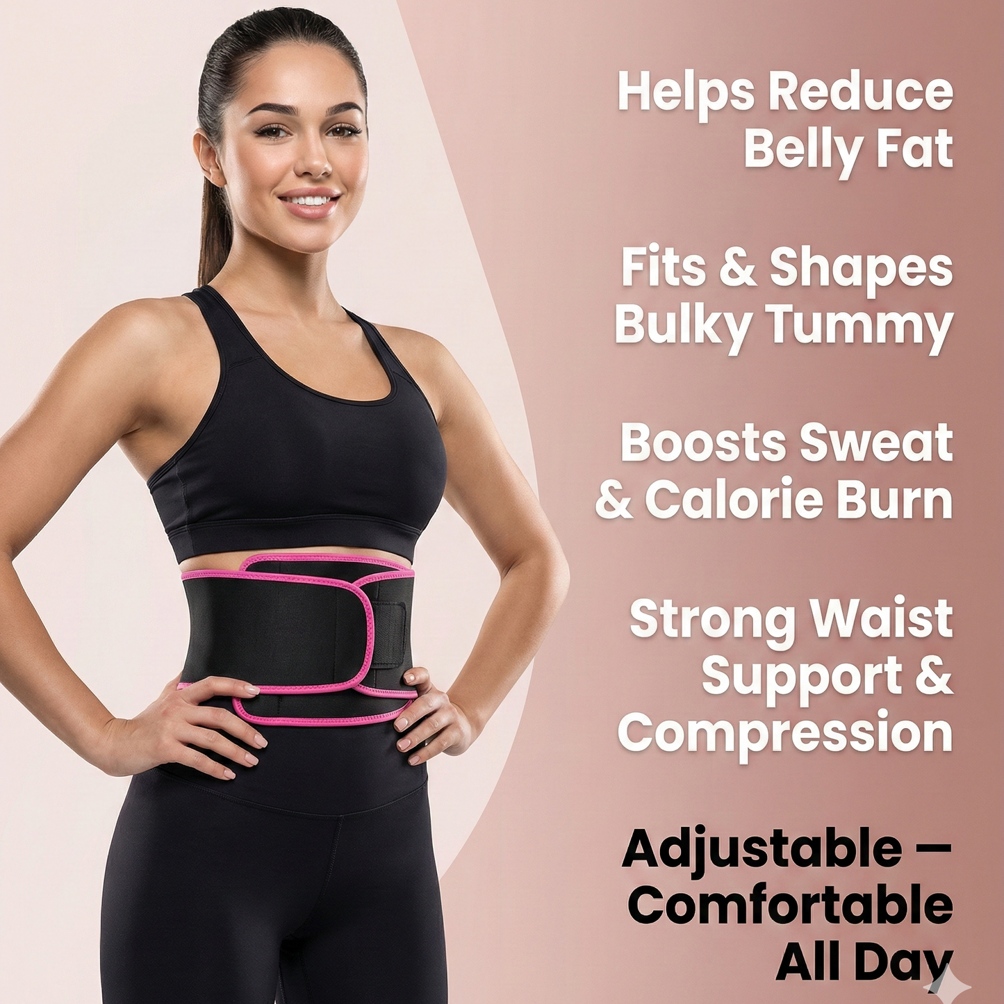 Woman wearing a black waist trainer with pink straps on a beige background, featuring text about its benefits.
