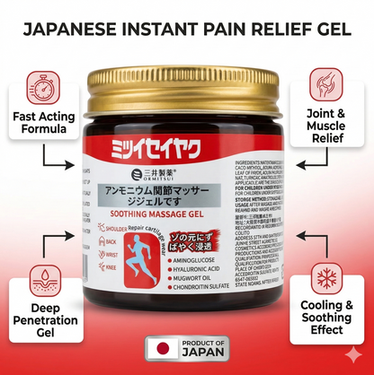 Japanese instant pain relief gel with features listed on a red background