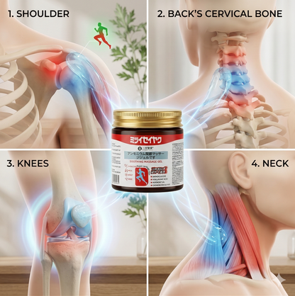 Illustrations of joint pain areas with a jar of cream in the center.