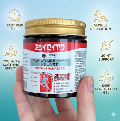 Hand holding a jar of soaping massage gel with various benefits listed on a blue background