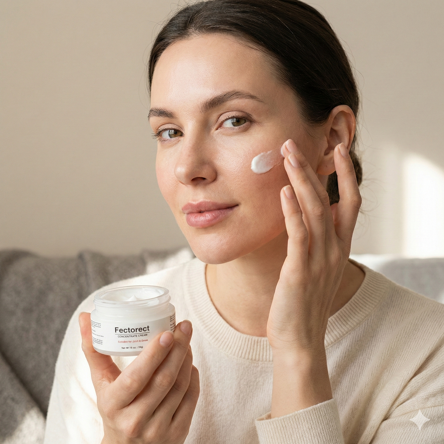 Woman applying cream to her face with a jar of FectoRect cream in her hand.