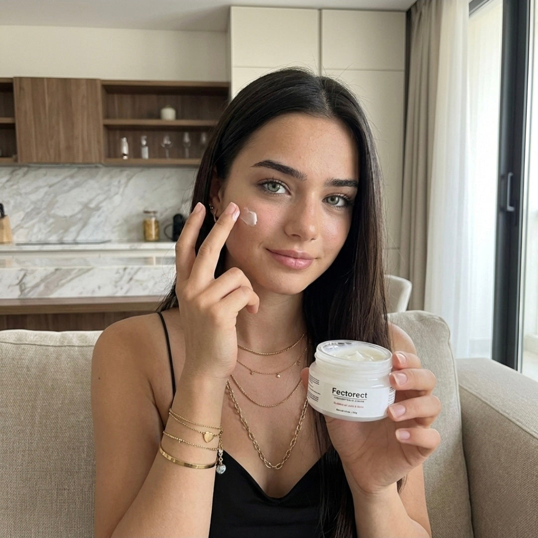 Woman applying cream to her face with a jar of Fectorat in a kitchen setting
