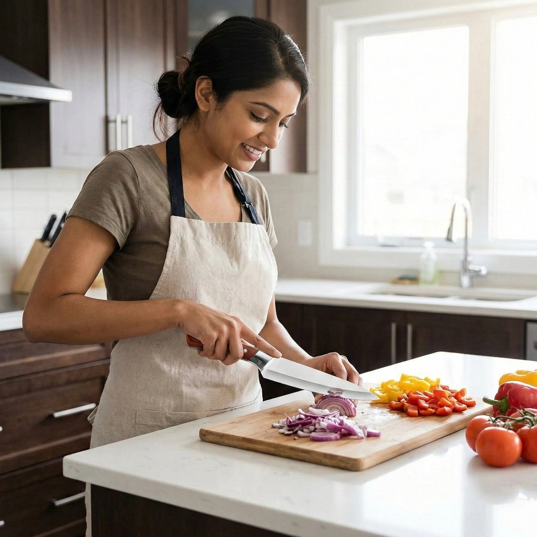 Woman in a kitchen cutting vegetables on a cutting board