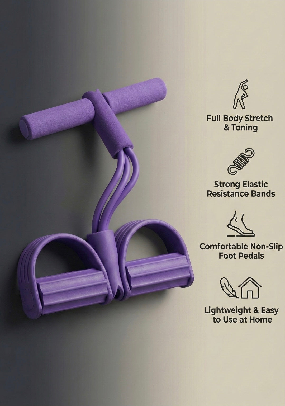Purple resistance band with features listed on a gray background