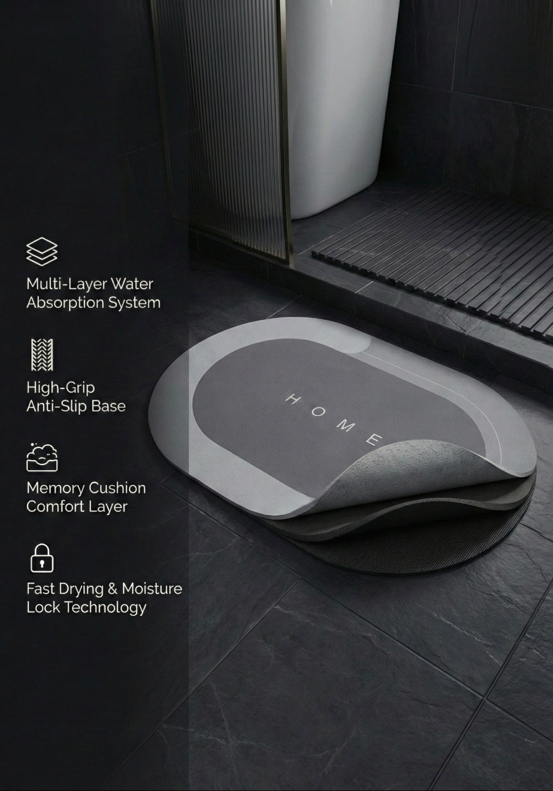 Gray bath mat with features listed on a bathroom floor