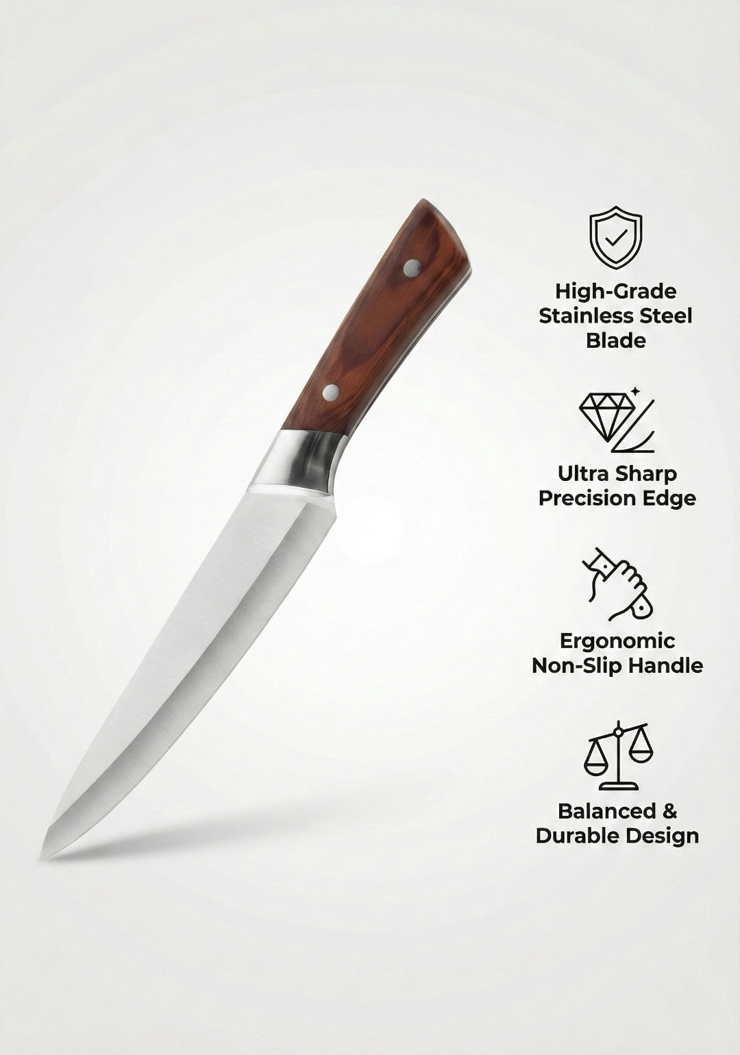 Knife with wooden handle on a white background, featuring text about knife specifications.