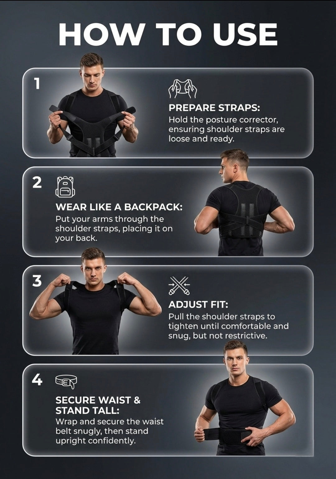 Instructions on how to use a posture corrector with a person demonstrating each step.