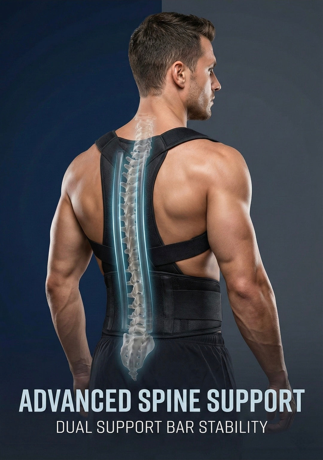 Man wearing a back brace with a highlighted spine on a dark background