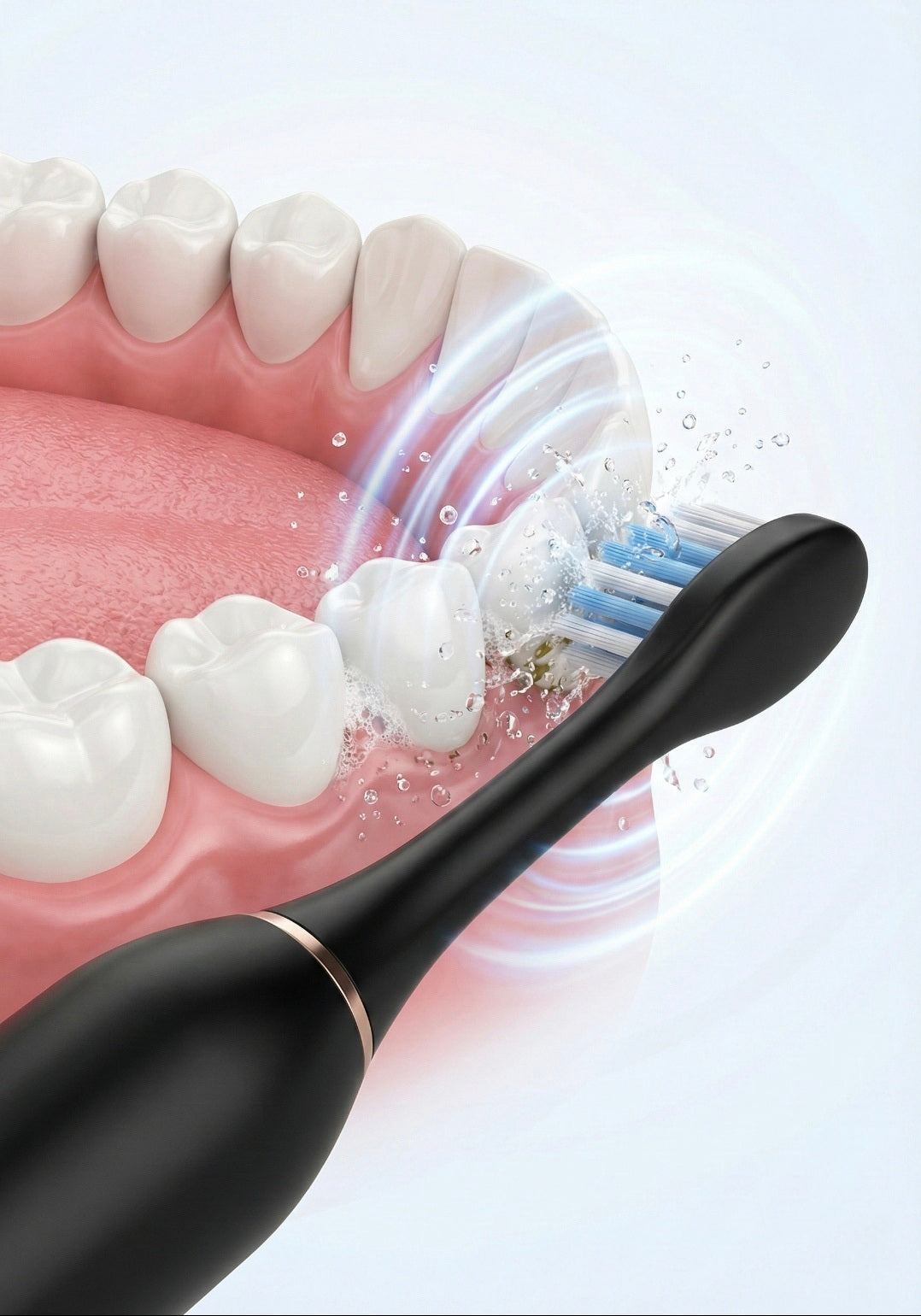 Black electric toothbrush with a close-up of teeth being cleaned