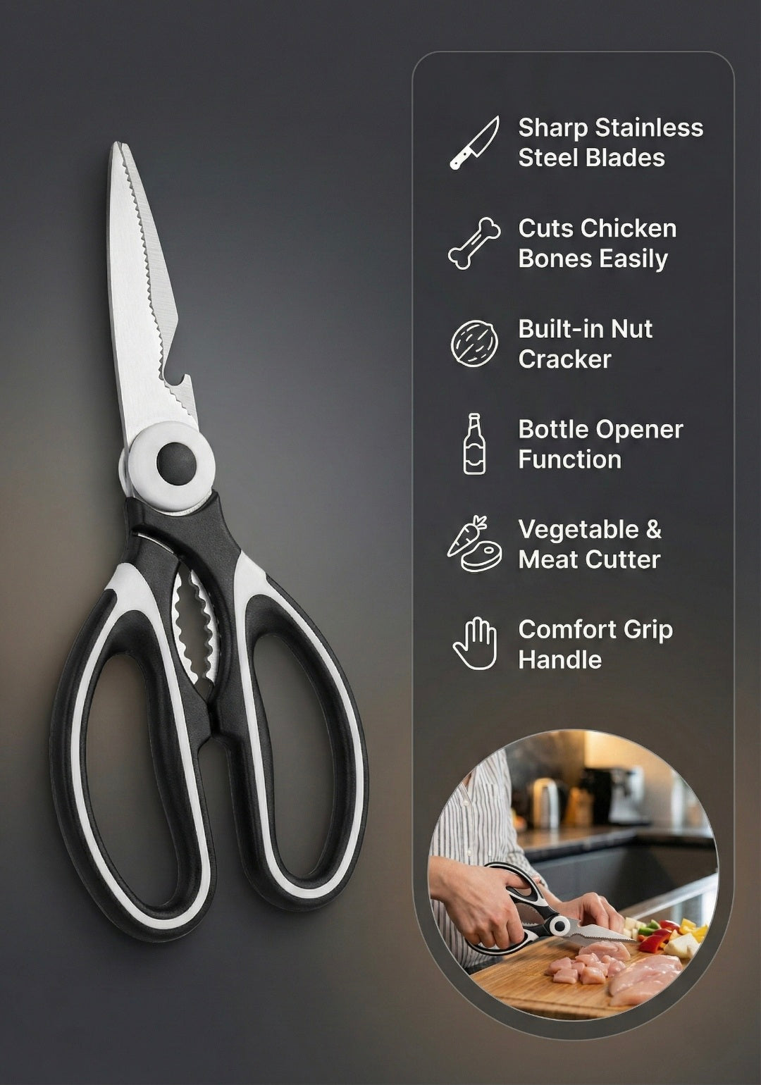 Multifunctional kitchen shears with features listed on a dark background