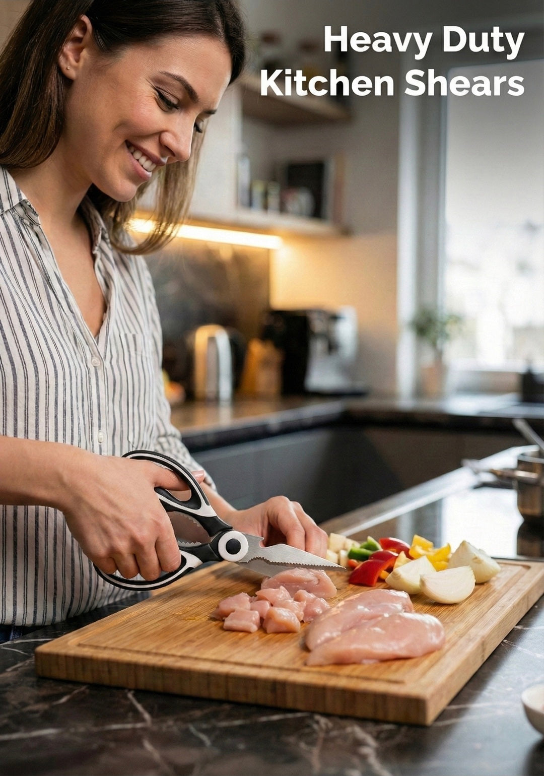 Woman using heavy-duty kitchen shears to cut chicken on a cutting board in a kitchen.