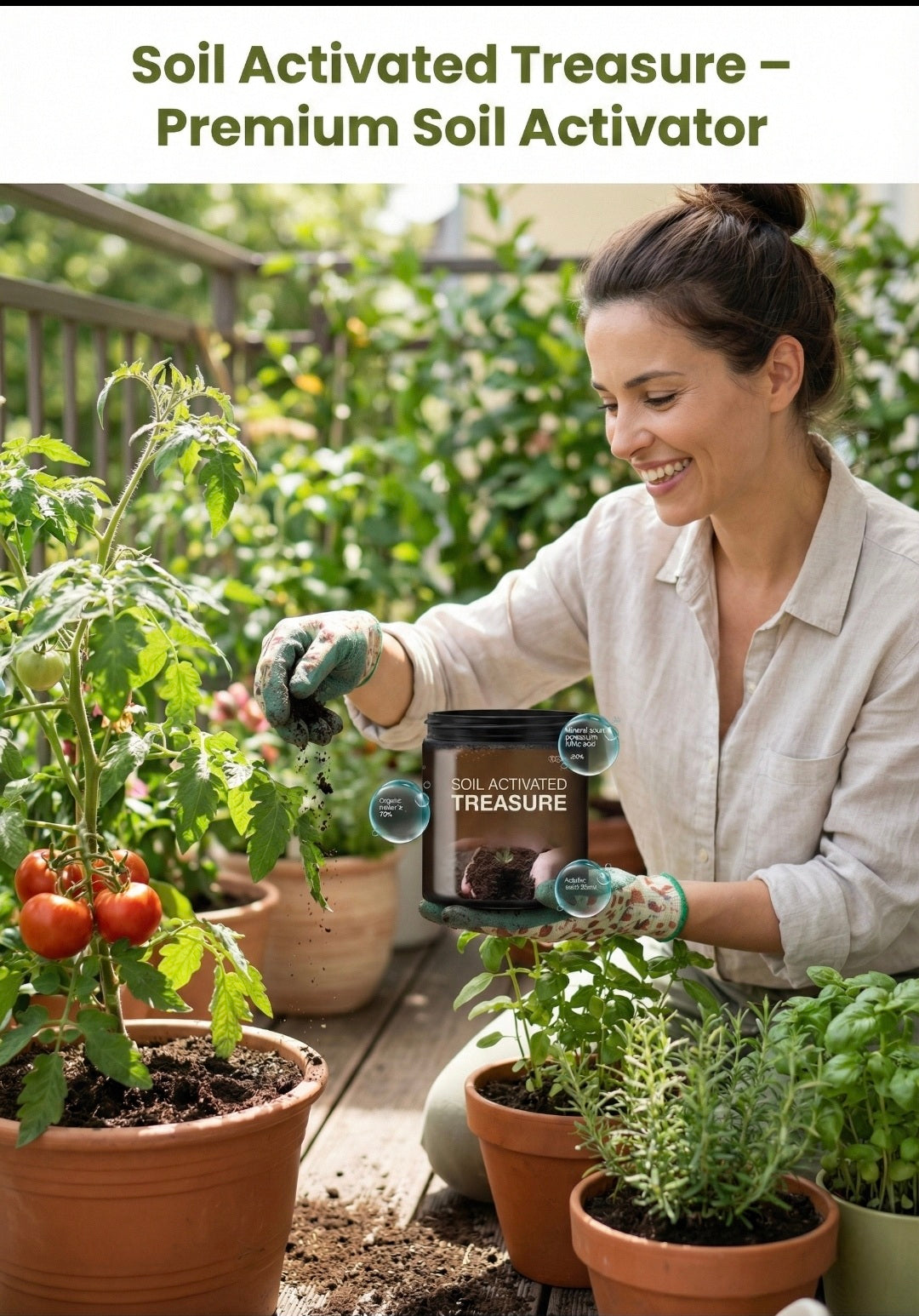 Woman in a garden holding a container labeled 'Soil Activated Treasure' with plants around her.