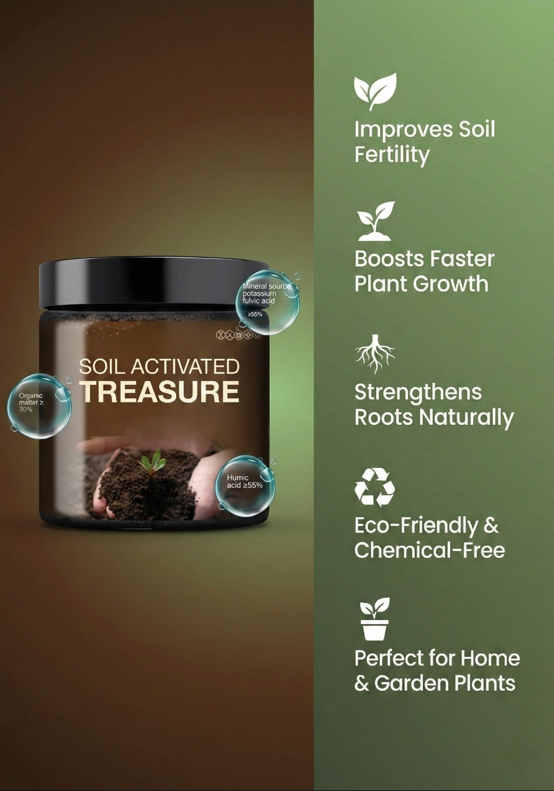 Jar of 'Soil Activated Treasure' with benefits listed on a green background
