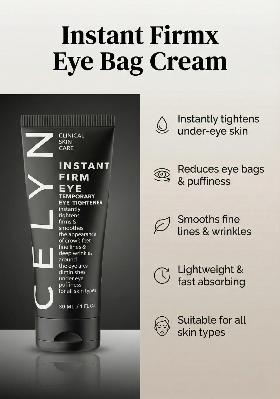 CEYN Instant Firmx Eye Bag Cream tube with product details on a gray background
