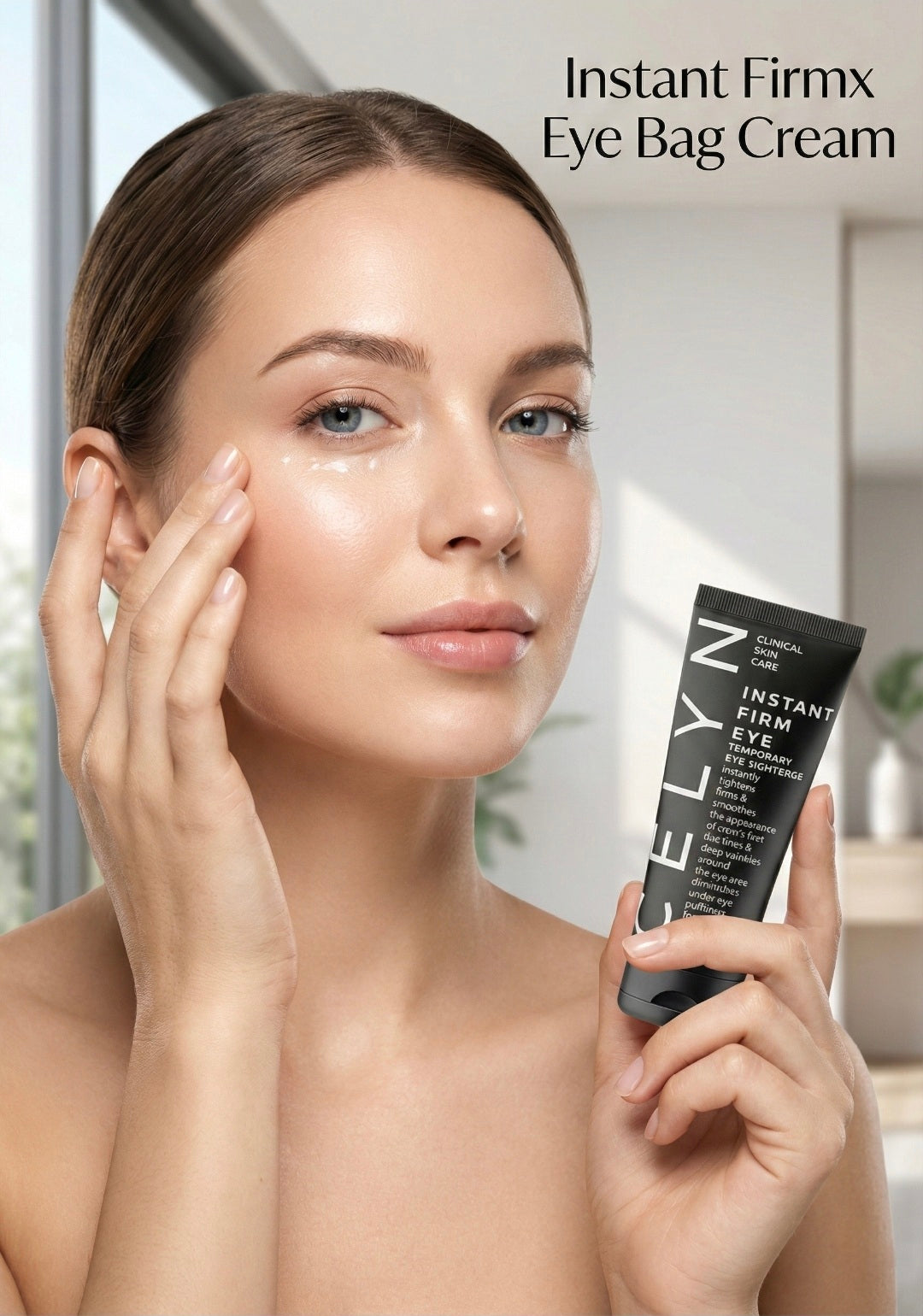 Woman applying eye cream with a product labeled 'Instant Firmx Eye Bag Cream' in the background.