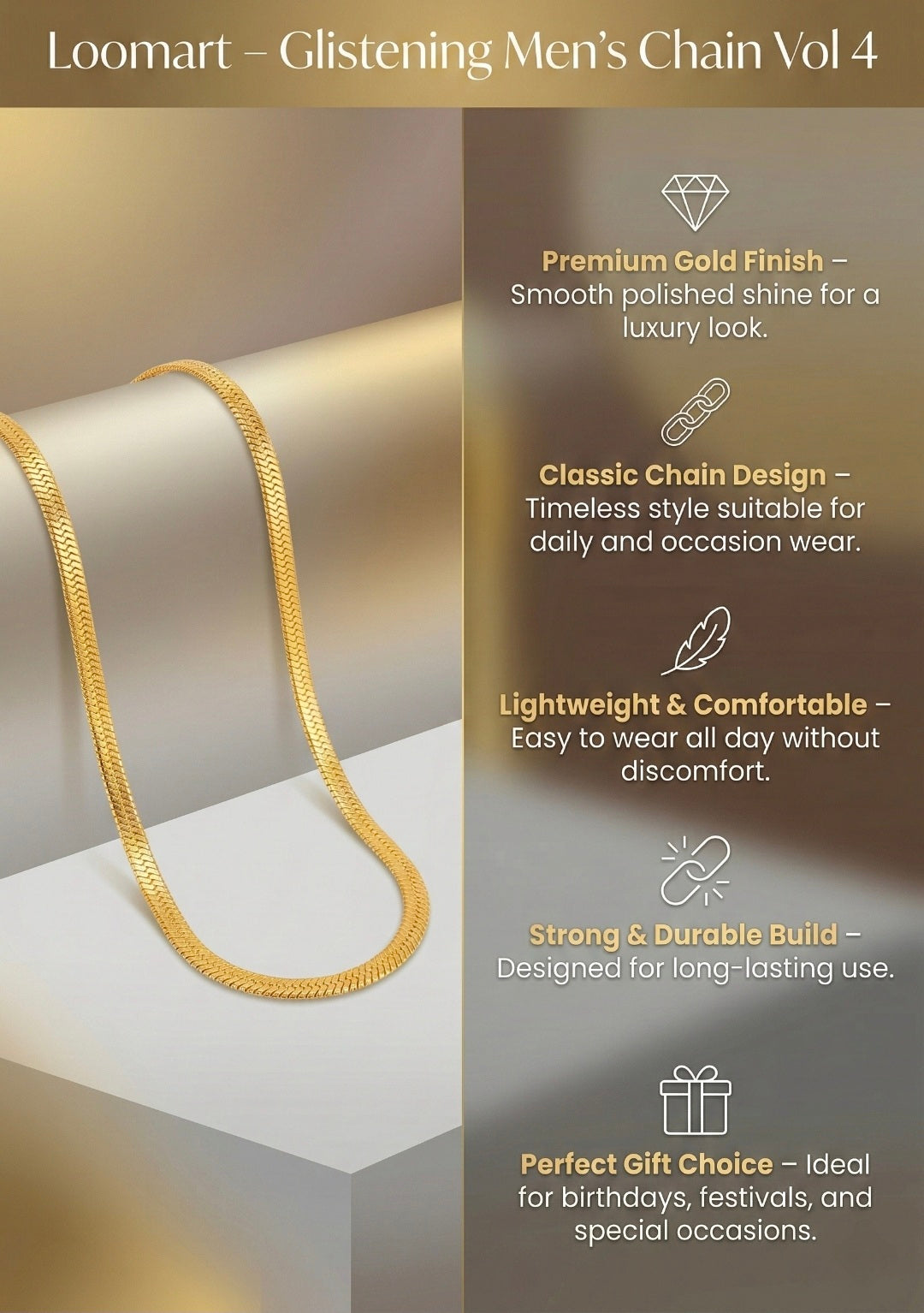 Gold chain with product features on a neutral background