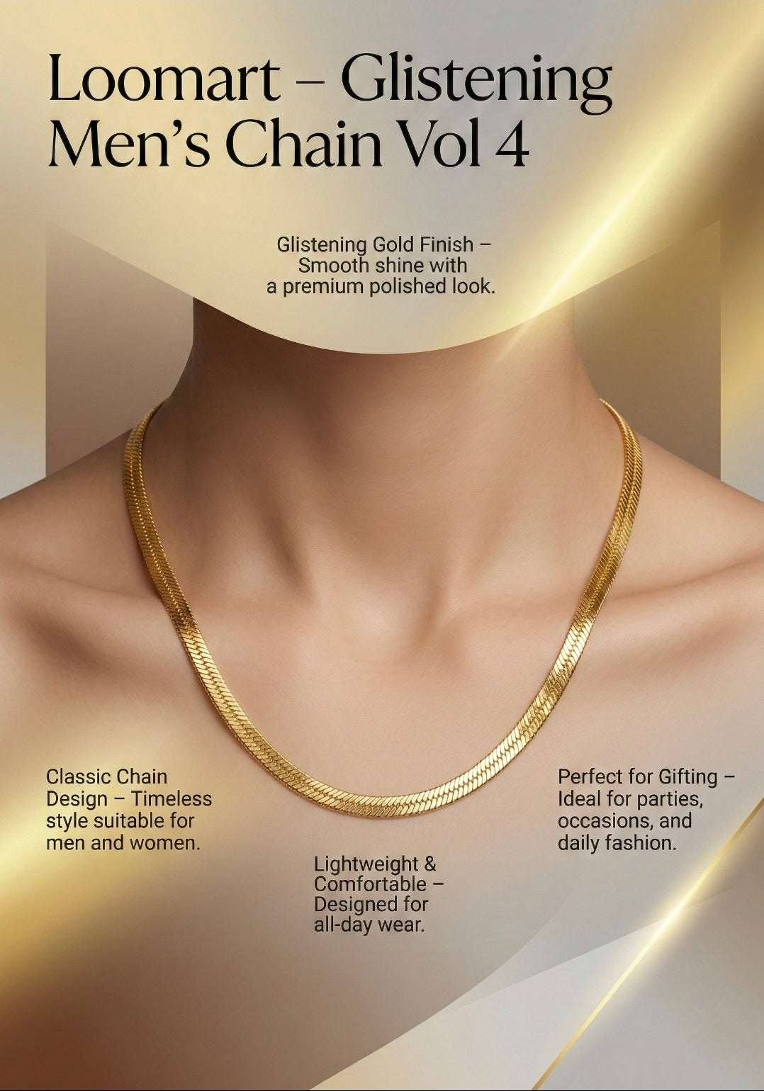 Gold chain on a mannequin neck with promotional text about Loomart's Men's Chain Vol 4.