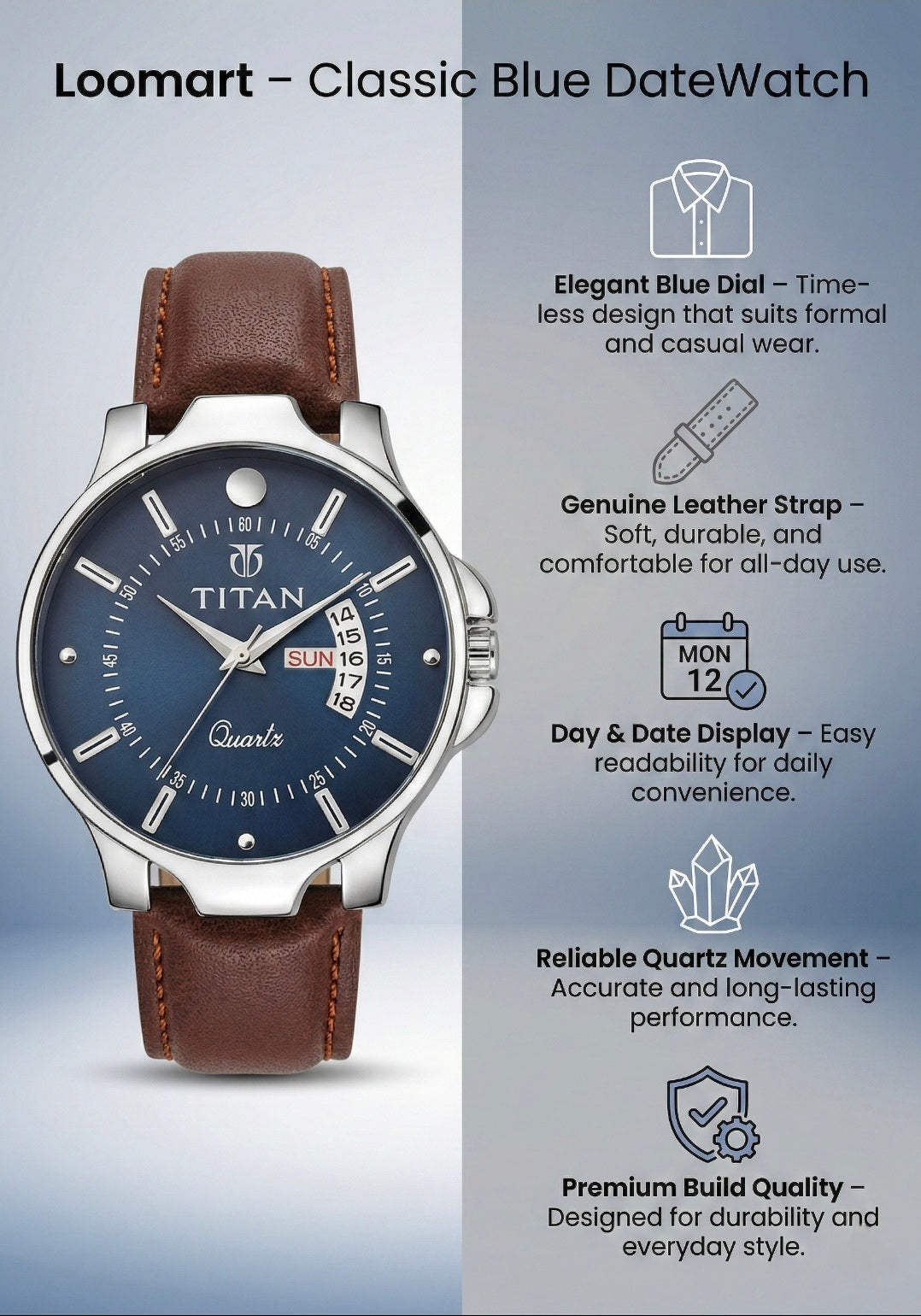 Titan watch with brown leather strap and blue dial on a gray background