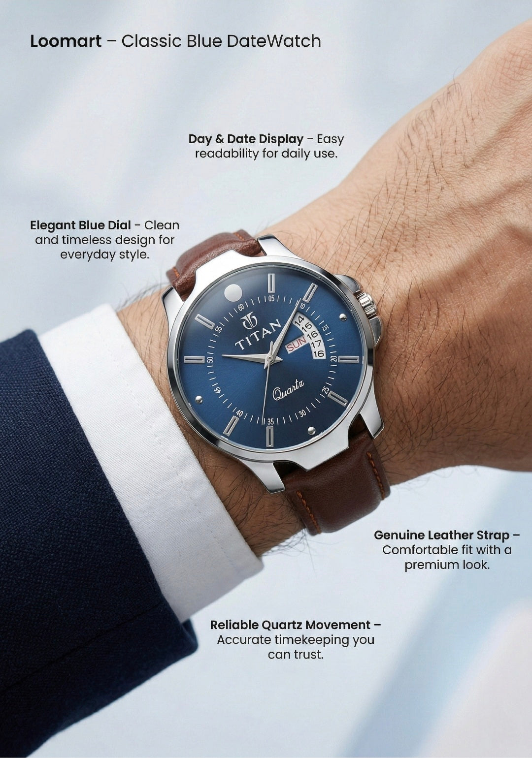 Titan watch on a wrist with product features highlighted