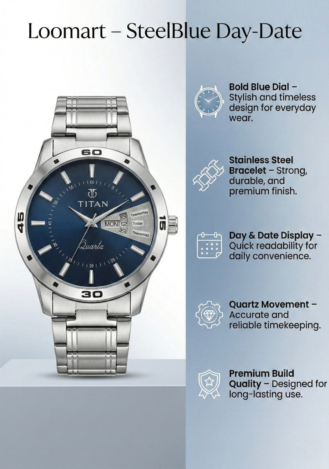 Titan Loomart SteelBlue Day-Date watch with features listed on a gray background