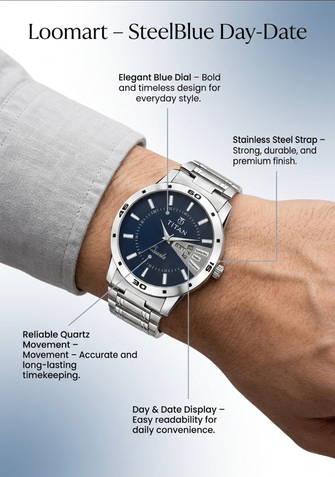 Loomart SteelBlue Day-Date watch on a wrist with features highlighted