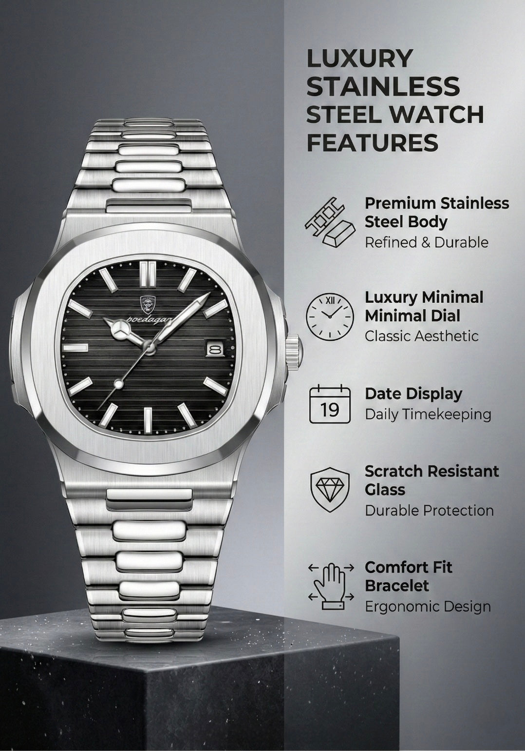 Luxury stainless steel watch with features listed on a gray background