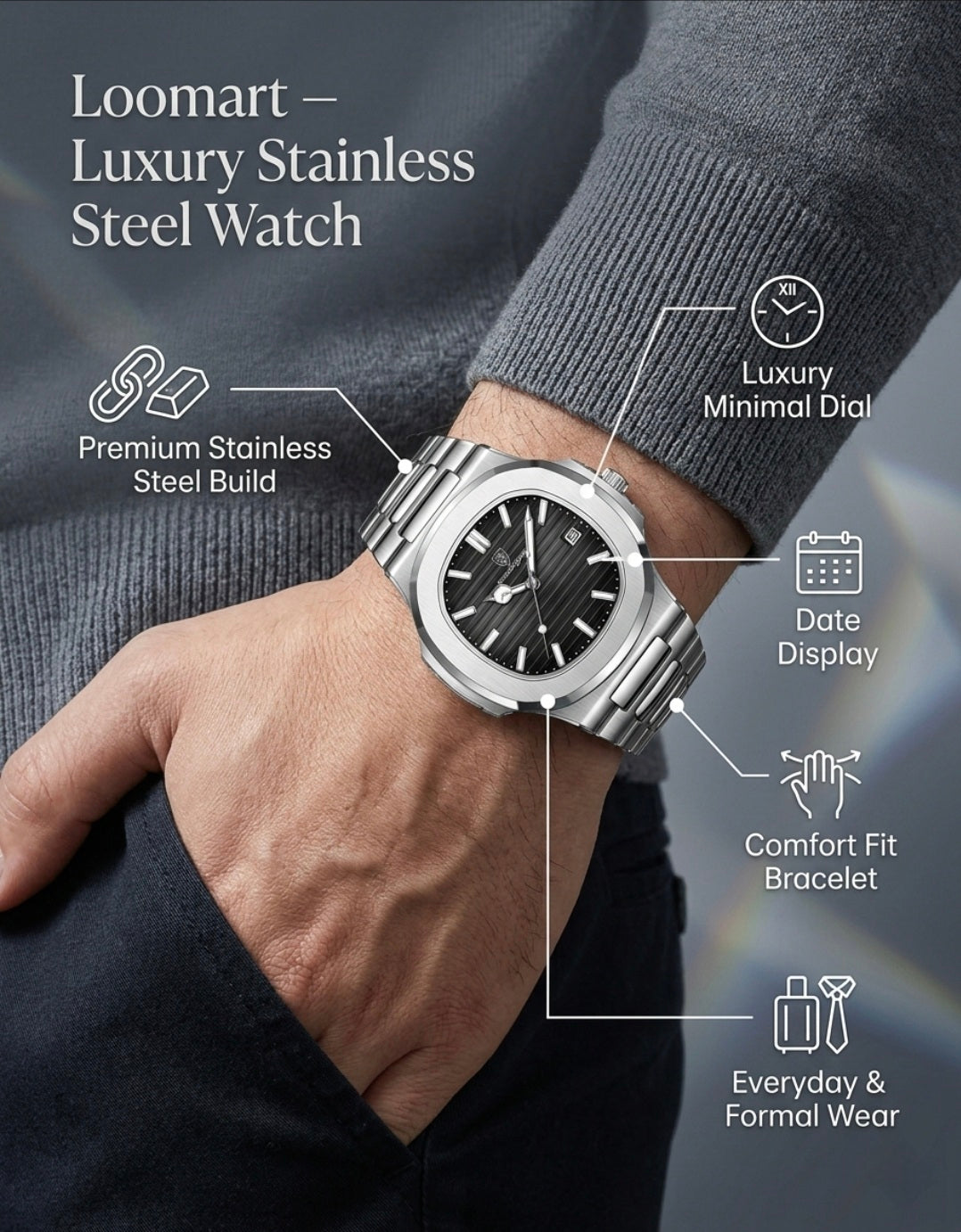 Luxury stainless steel watch on a wrist with features highlighted