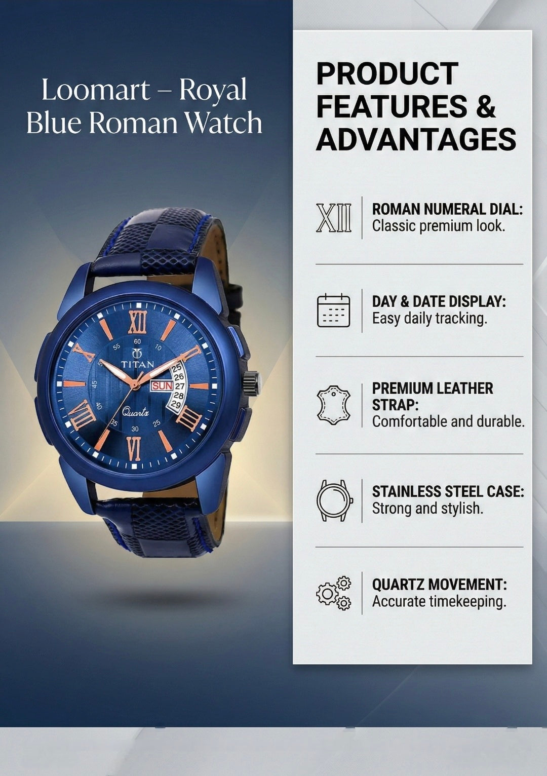Blue Roman numeral watch with product features on a gray background