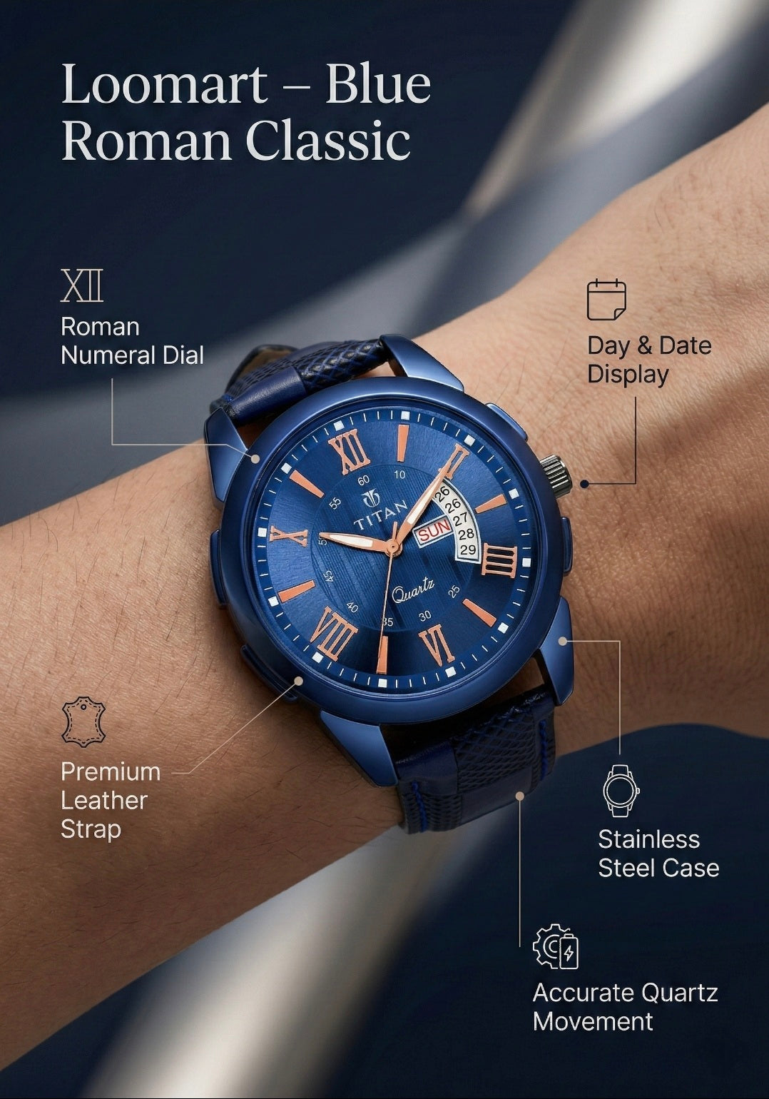 Blue Roman Classic watch on a wrist with features highlighted
