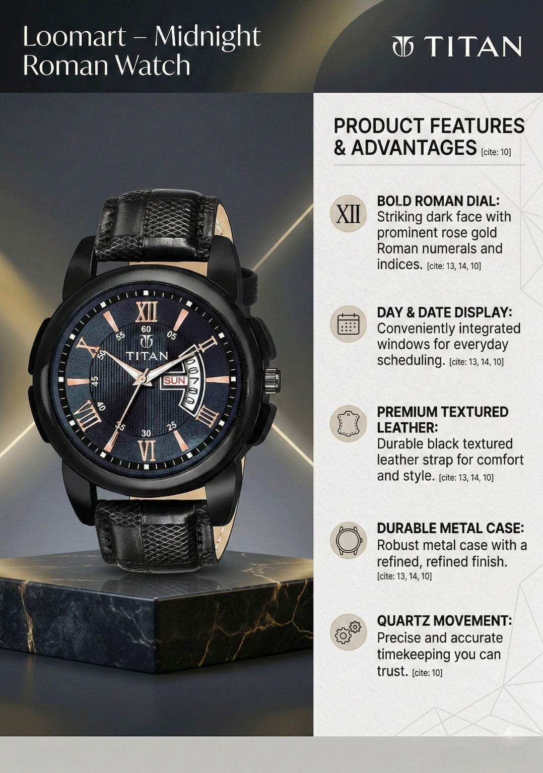 Titan watch with product features and advantages displayed on a dark background