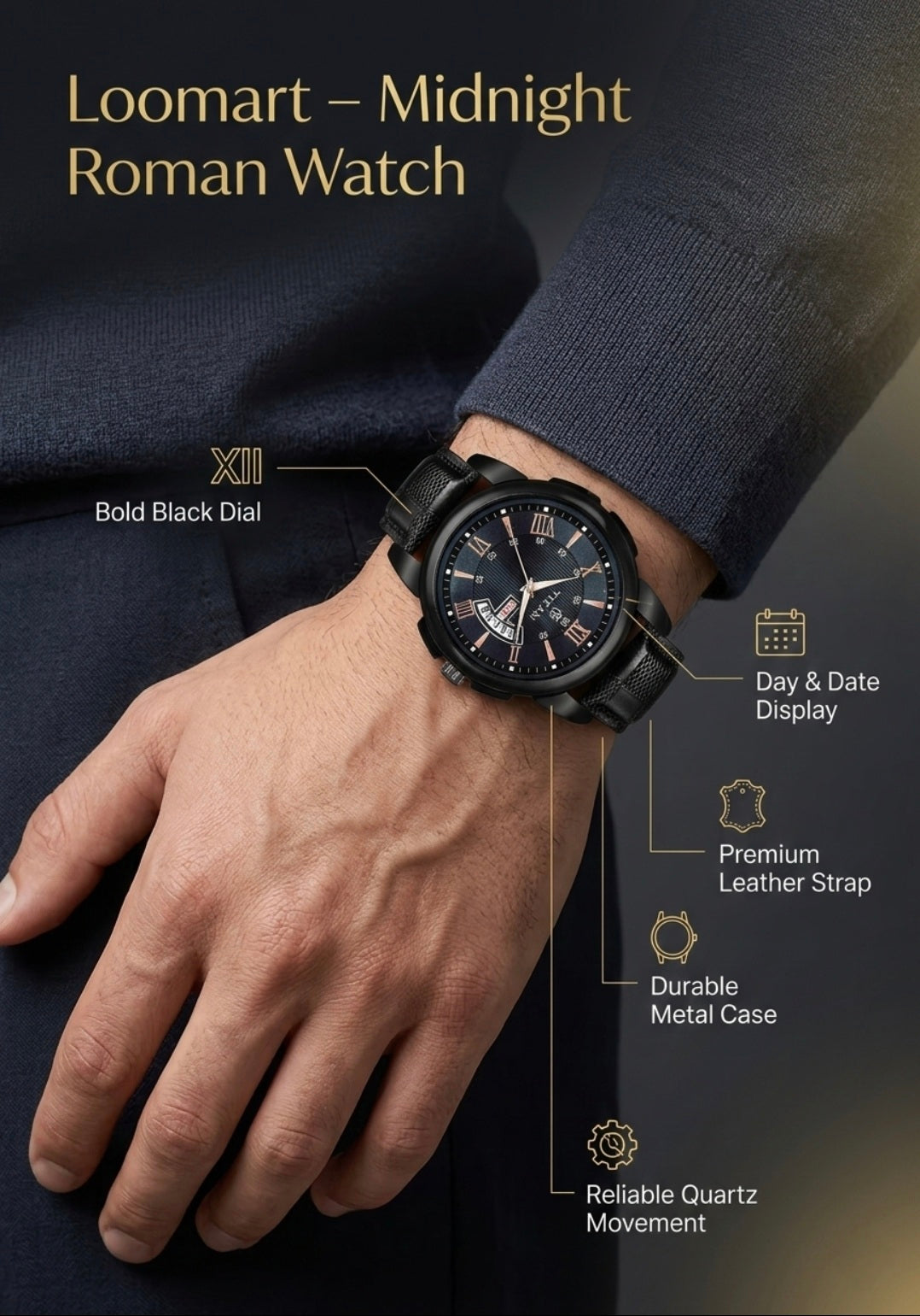 Loomart Midnight Roman Watch on a person's wrist with features highlighted