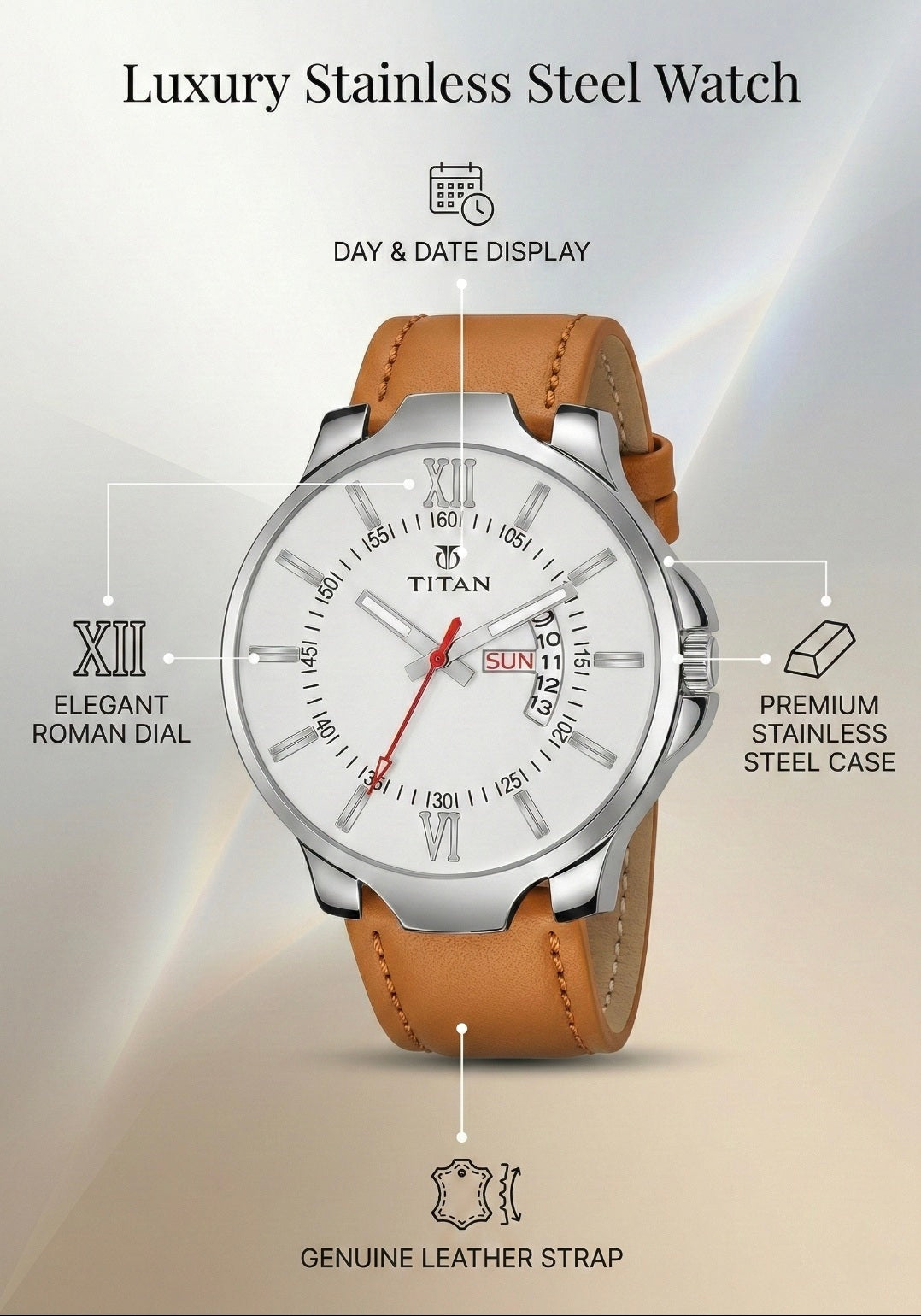 Luxury stainless steel watch with brown leather strap on a light gray background