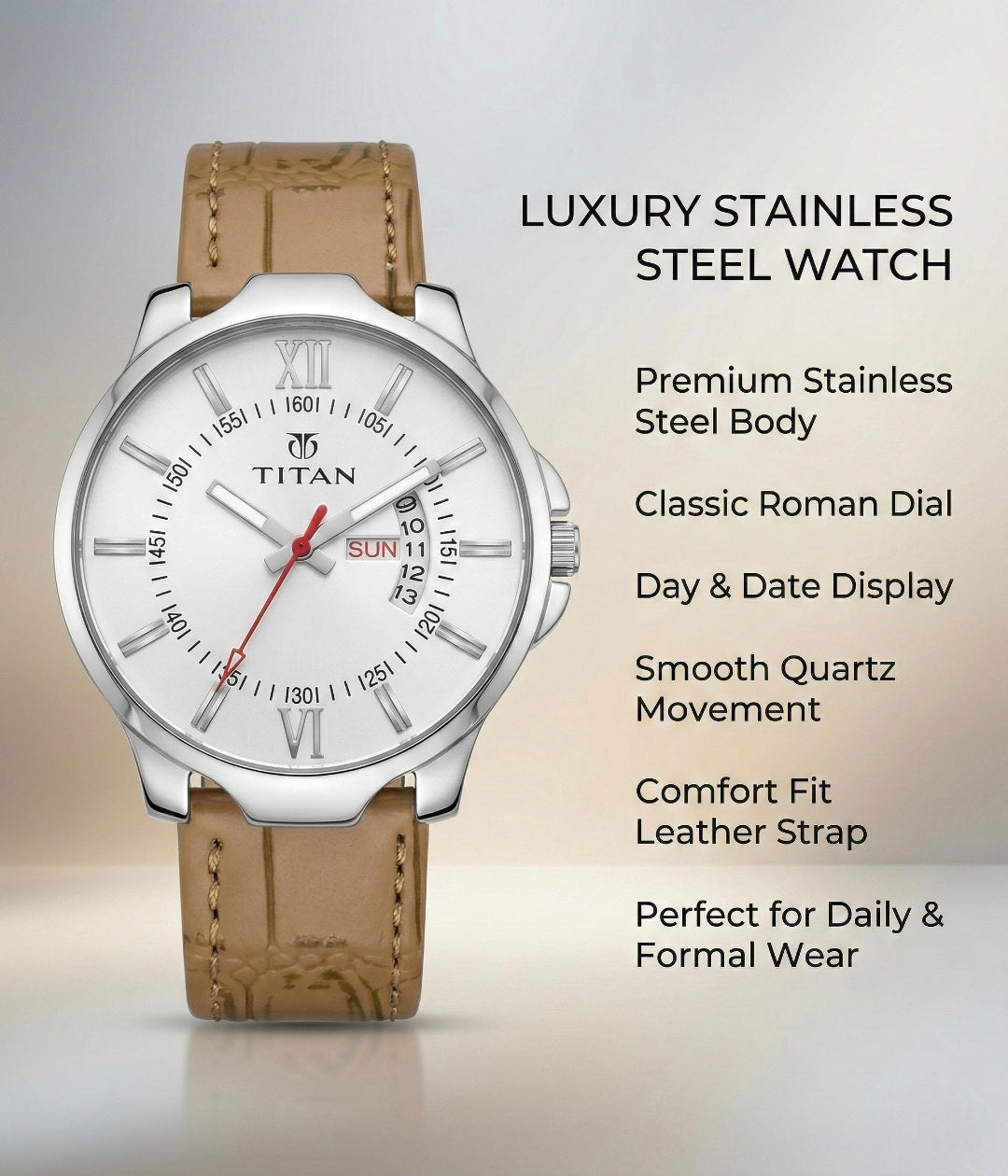 Luxury stainless steel watch with brown leather strap on a light gray background