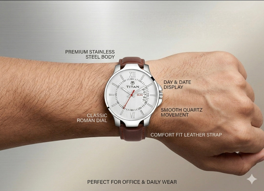 Titan watch on a wrist with feature text overlay