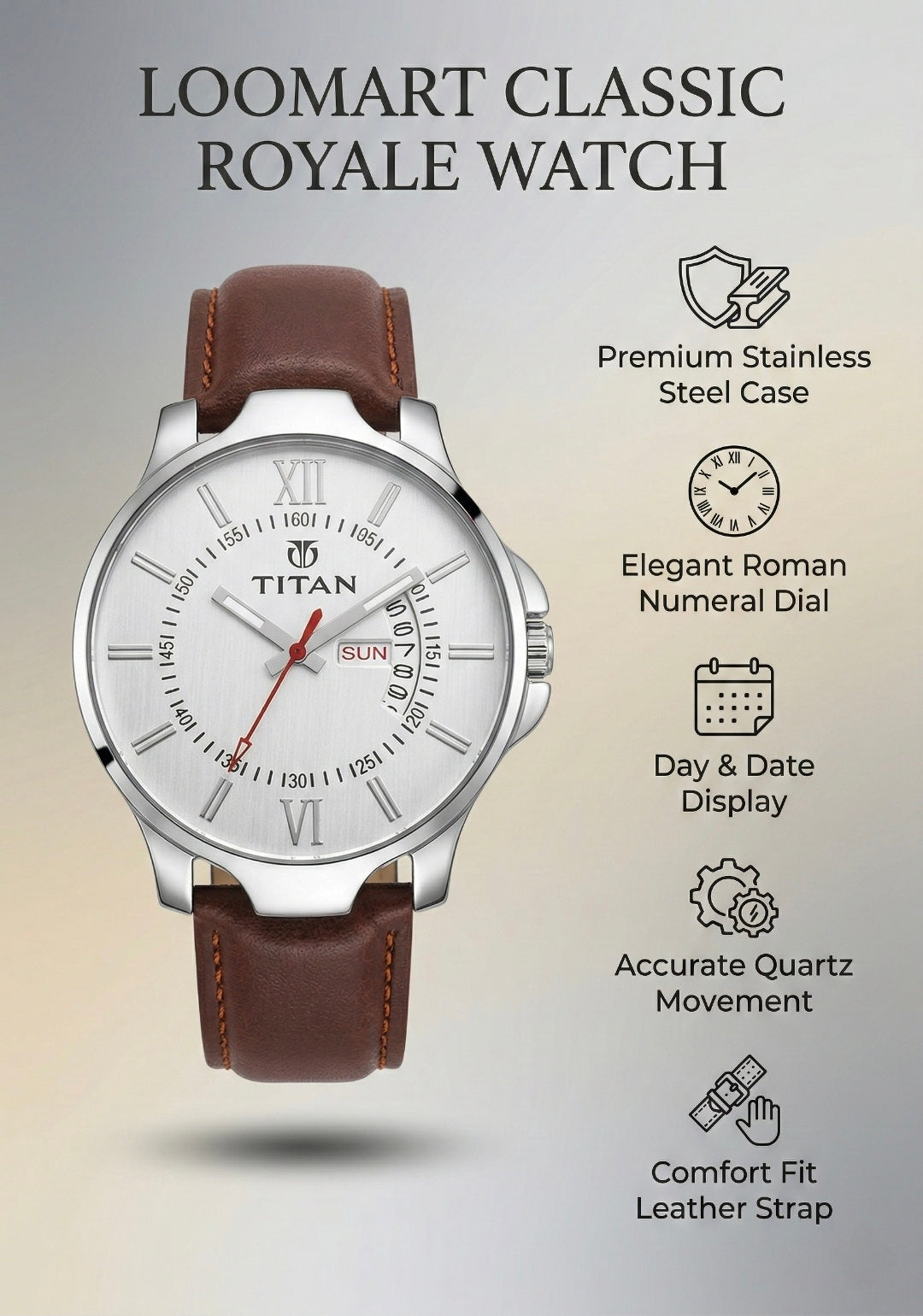 Titan Loomart Classic Royale watch with features listed on a light gray background