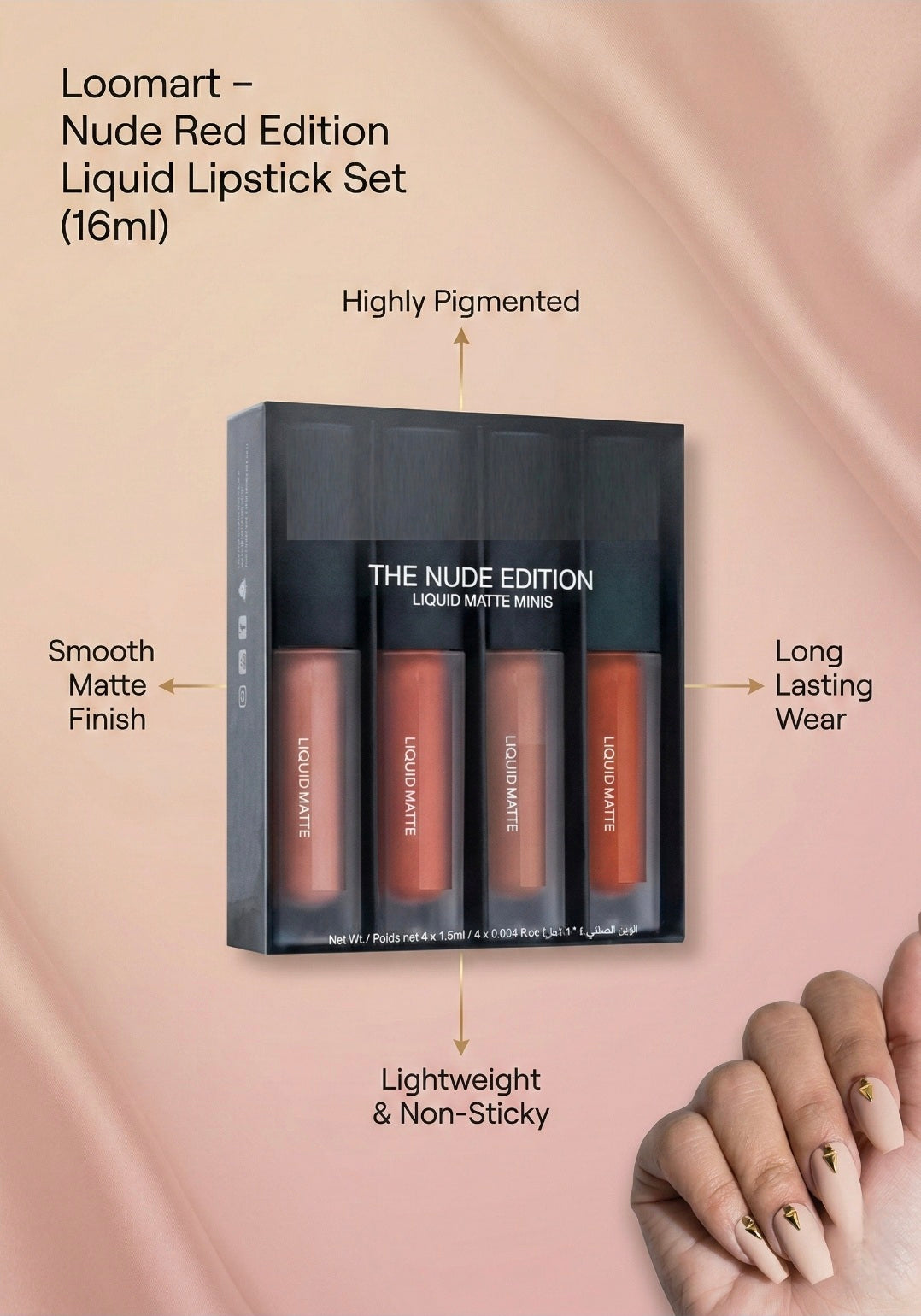 Loomart Nude Red Edition Liquid Lipstick Set packaging with product details on a beige background
