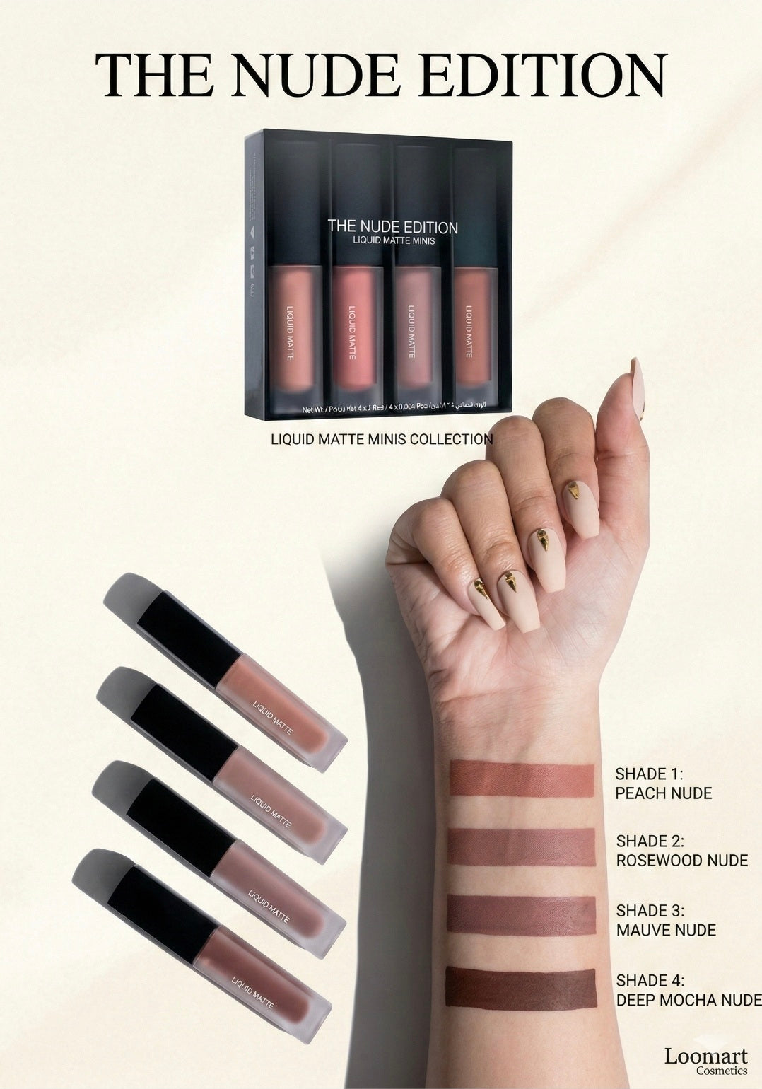 L'Oreal Paris lip gloss set with swatches on a hand and text 'The Nude Edition' on a light background.