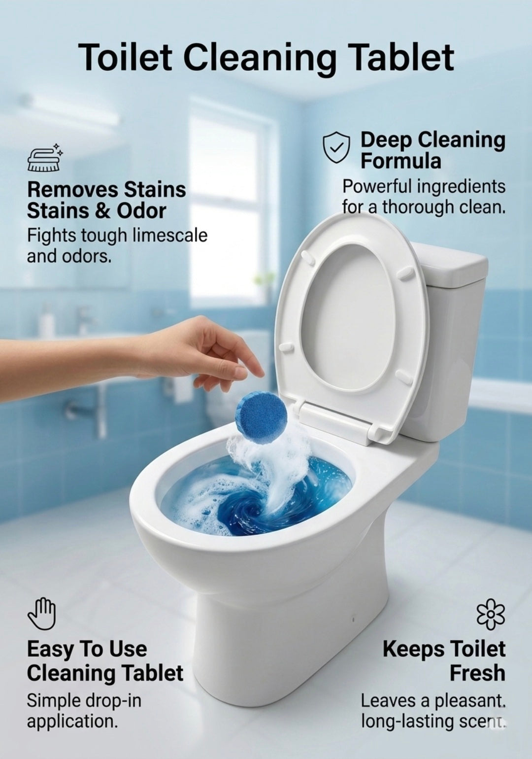 Toilet cleaning tablet being dropped into a toilet with product features highlighted.