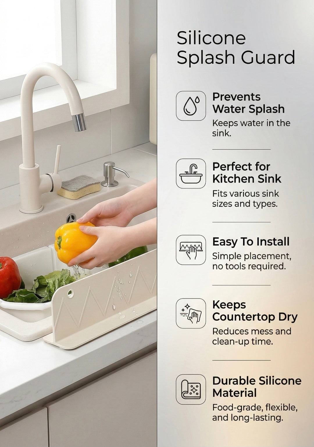 Silicone splash guard in a kitchen setting with text highlighting its features.
