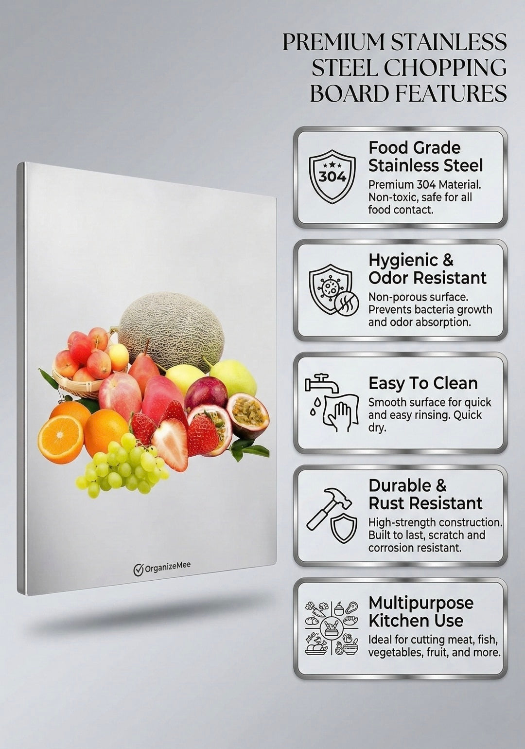 Stainless steel chopping board with features and food display on a gray background