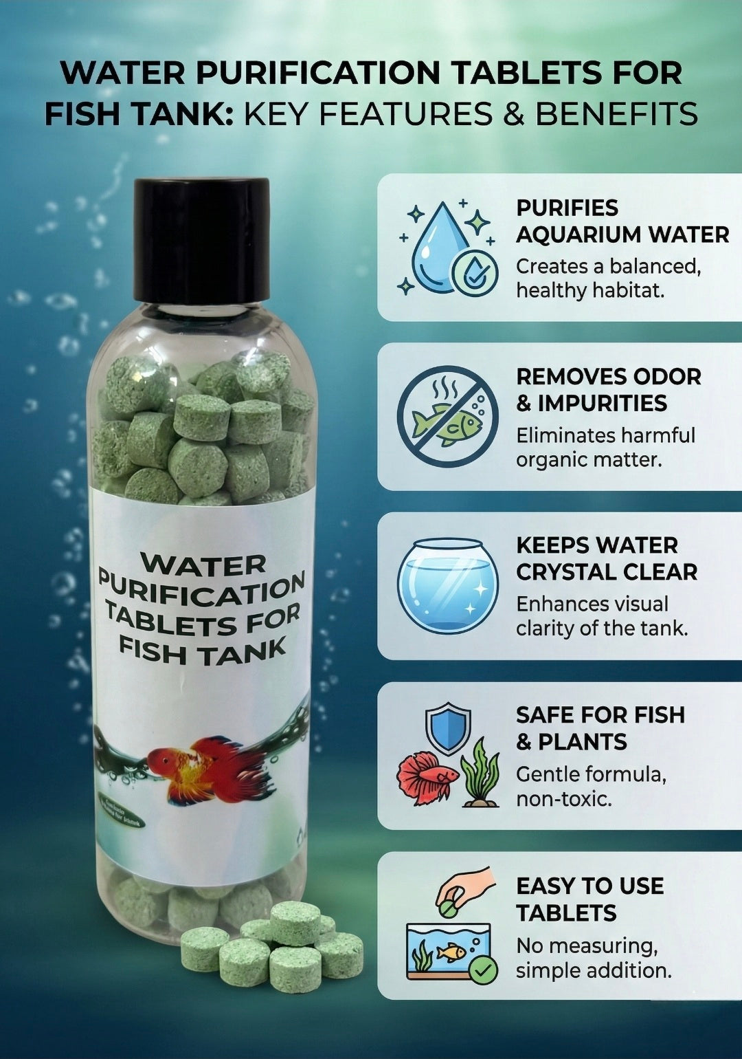 Bottle of water purification tablets for fish tank with key features and benefits displayed.