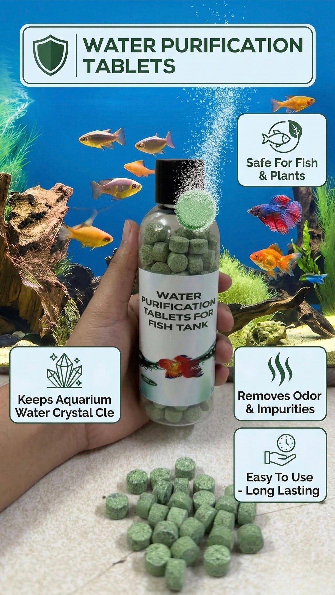 Bottle of water purification tablets for fish tanks with text highlighting benefits, held over an aquarium background.