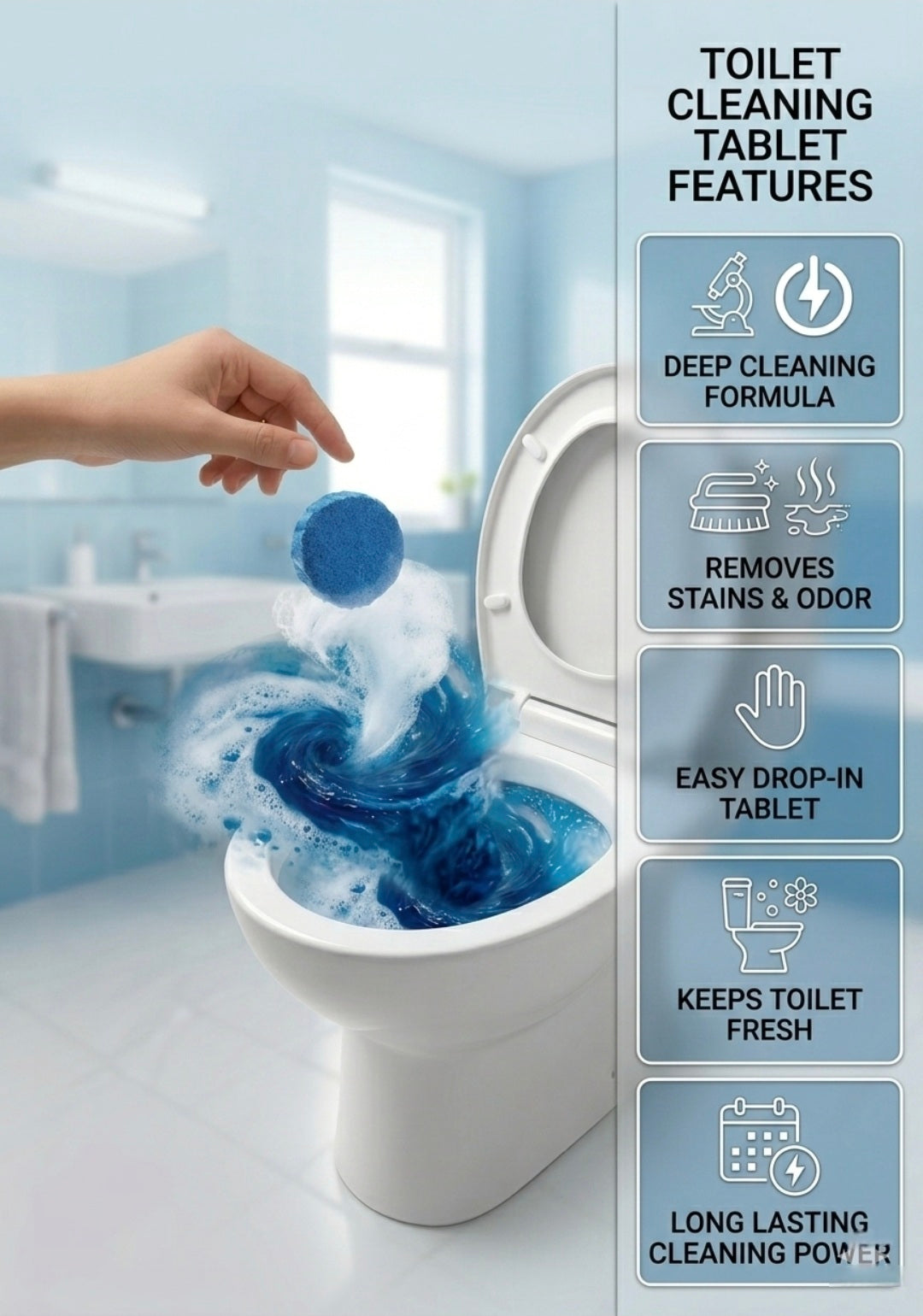 Toilet cleaning tablet being dropped into a toilet with features listed on the right.
