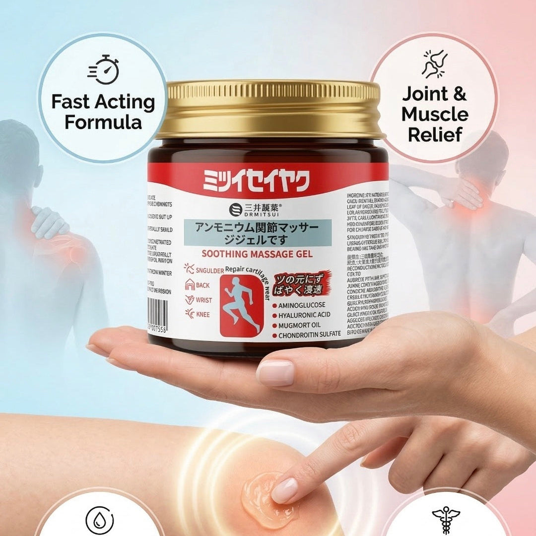 Container of massage gel with text highlighting instant pain relief, fast acting formula, joint and muscle relief, deep penetration, and doctor-inspired formula.