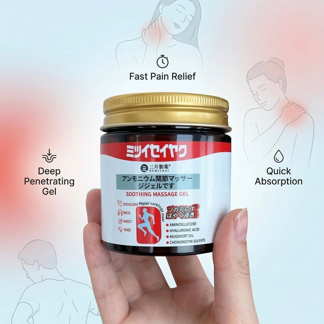 Japanese Instant Pain Relief Gel jar held in a hand with product features highlighted.