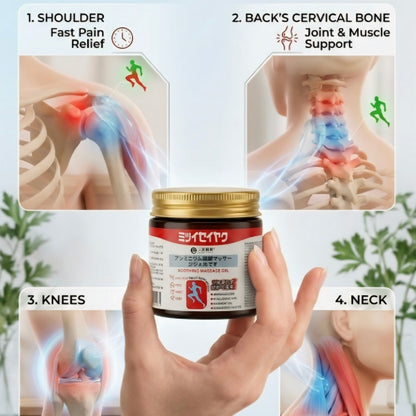 Japanese Instant Pain Relief Gel packaging with images of pain relief areas and a hand holding the gel.