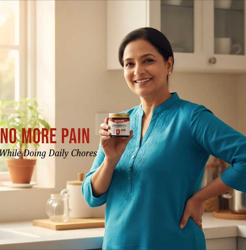 Woman in a kitchen holding a jar with text about pain relief while doing daily chores.