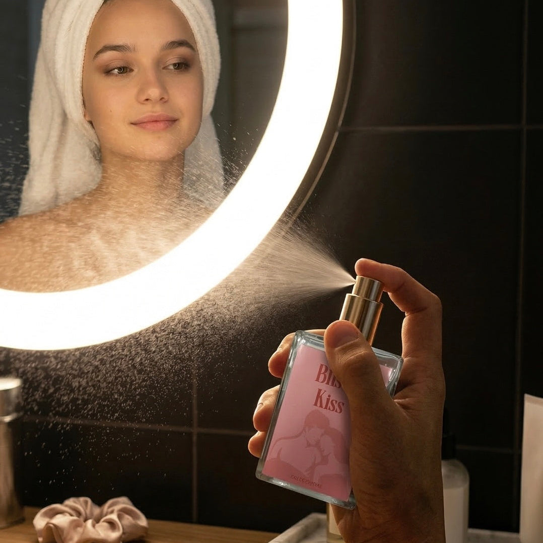 Person applying perfume in front of a mirror with a lighted circular mirror.