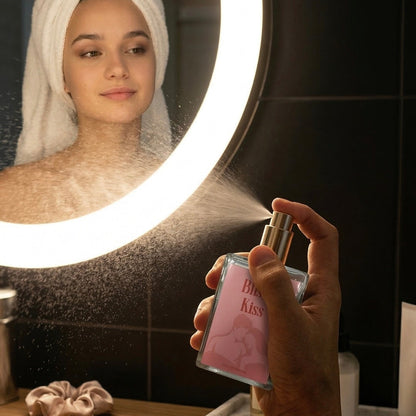 Person applying perfume in front of a mirror with a lighted circular mirror.