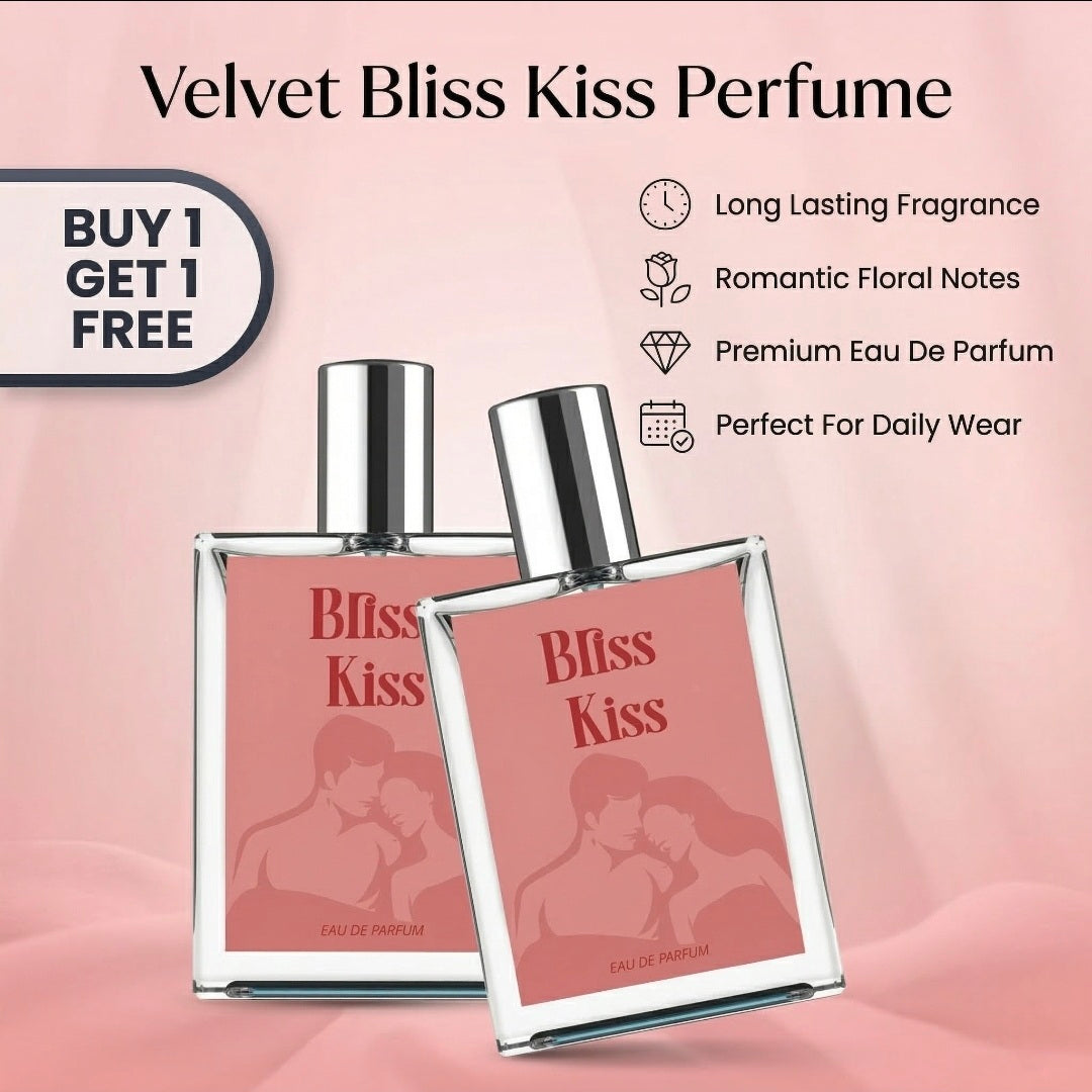 Two bottles of 'Bliss Kiss' perfume with product details on a pink background